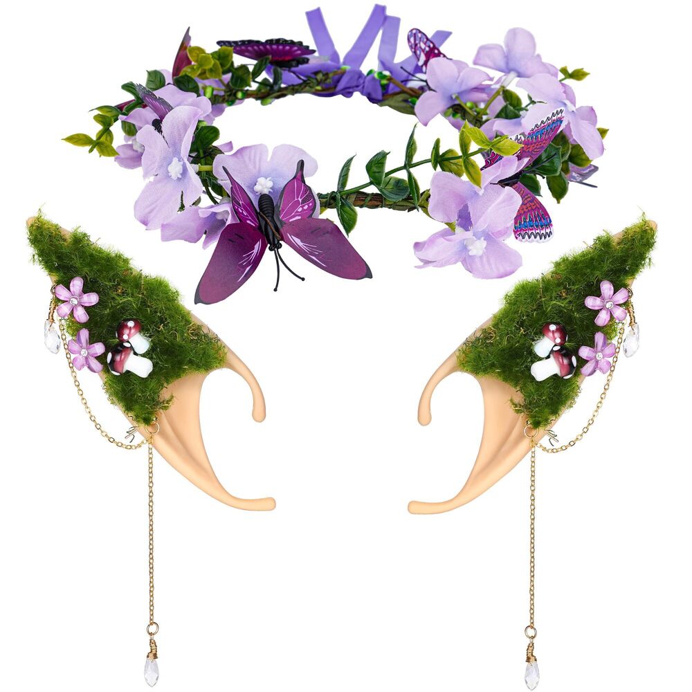 3075 Renaissance Mushroom Elf Ears with Crown - Flower Butterfly Headpiece